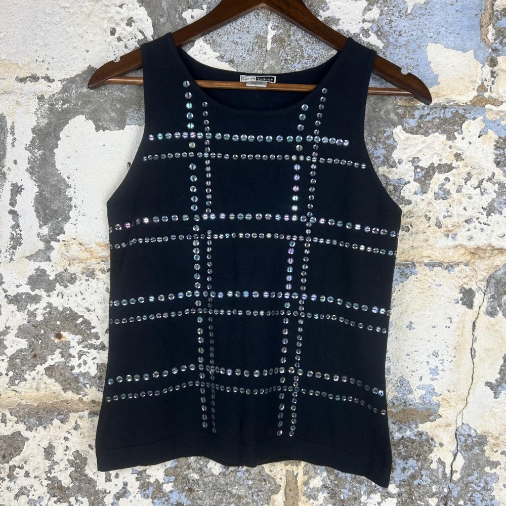 Vintage Caryn Vallone Knit Tank Top Black Sequin Grid Rayon Sleeveless Top Large